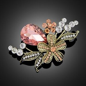 Pink Crystal Floral Brooch – Rhinestone Flower Pin with Gold Tone